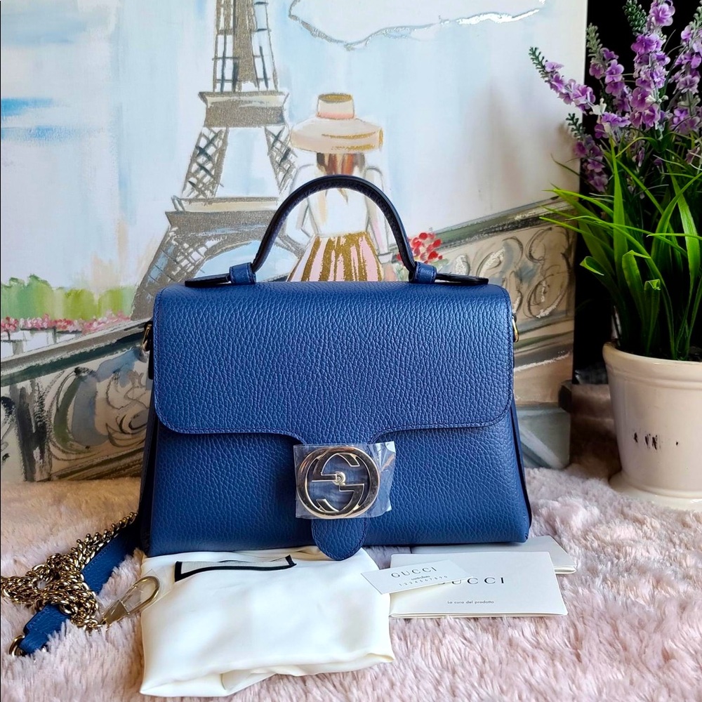 GUCCI Dollar Calfskin Interlocking G Top Handle Shoulder Bag in Caspian blue
